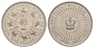 Великобритания 5 фунтов 1993 40 лет правления Елизаветы II KM 962, Spink L2 медно-никель UNC 4537-631