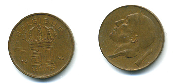 БЕЛЬГИЯ 50 САНТИМОВ 1955 BELGIQUE KM 144 бронза 86-837