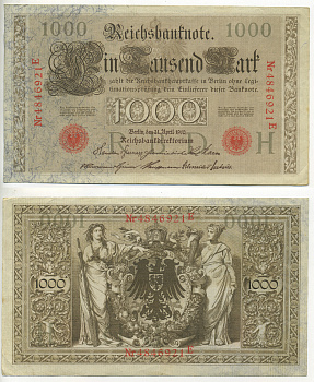 ГЕРМАНИЯ 1000 МАРОК 1910 КРАСНАЯ ПЕЧАТЬ, 7 ЦИФР В НОМЕРЕ Pick 44b бумага 7552-50-2