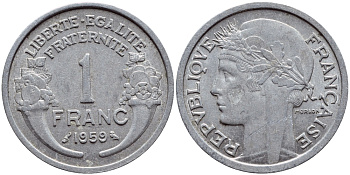 ФРАНЦИЯ 1 ФРАНК 1959 ТИП MORLON, LEGERE KM 885a.1, LE FRANC 221.23 алюминий 4397-716