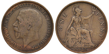 Великобритания 1 пенни 1927 Георг V (1910-1936) KM 826, Spink 4054 бронза 4123-1016