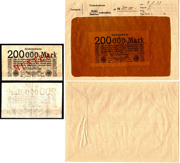 Германия 200000 марок 1923 без блока, 9 августа, MUSTER, образец, Specimen. В оригинальном банковском конверте. Из коллекции Отто Сейфферта (помощник Ялмара Шахта - министра экономики Германии и президента Рейхсбанка времен третьего рейха) Pick 100 s, Gra