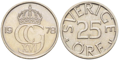 Швеция 25 эре 1978 U, Карл XVI Густав (1973- ) KM 851 медно-никель 4516-469