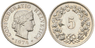 Швейцария 5 раппенов 1974 KM 26 медно-никель aUNC 4164-712