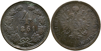 АВСТРИЯ 4 КРЕЙЦЕРА 1861 B, ФРАНЦ ИОСИФ (1848-1916) KM 2194 медь 4385-424