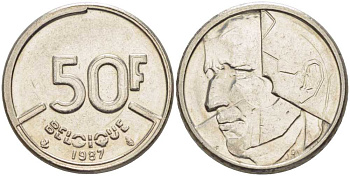 БЕЛЬГИЯ 50 ФРАНКОВ 1987 BELGIQUE, БОДУЭН I (1951-1993) KM 168 никель 4391-154