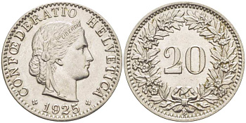 Швейцария 20 раппенов 1925 В KM 29 никель aUNC 4513-254