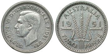 Австралия 3 пенса 1951 m, Георг VI (1937-1952), без букв KM 44 серебро 71-329