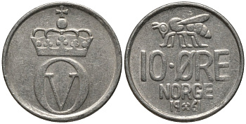 Норвегия 10 эре 1961 пчела, Улаф V KM 411 медно-никель 206-631