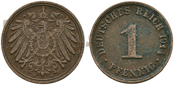 Германия 1 пфенниг 1911 A, Вильгельм II (1888-1918) KM 10, J. 10 медь 4608-117