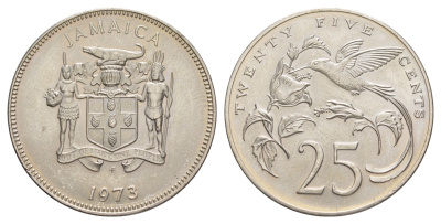 Ямайка 25 центов 1973 FM, тираж 13.000 экземпляра KM 56 медно-никель BU 4634-646