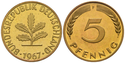 ФРГ 5 пфеннигов 1967 F KM 107, J. 382 сталь плакированная латунью PROOF 1094-7-21