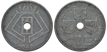 Бельгия 10 сантимов 1942 Леопольд III, Belgique-Belgie KM 126 цинк 4163-156