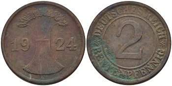 ГЕРМАНИЯ 2 РЕНТЕНПФЕННИГА 1924 J KM 31, J. 307 бронза 100-318