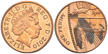 Великобритания 1 пенни 2010 Елизавета II (1952-2022) KM 1107, Spink B6 сталь плакированная медью 4609-713