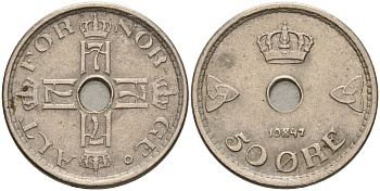 Норвегия 50 эре 1947 Хокон VII (1905-1957) KM 386 медно-никель 4606-711