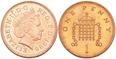 Великобритания 1 пенни 1998 Елизавета II (1952-2022) KM 986, Spink 4710 (B5) сталь плакированная медью UNC 112-1035