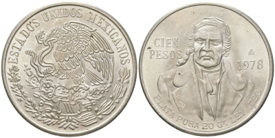 Мексика 100 песо 1978 KM 483 серебро UNC 4368-1214