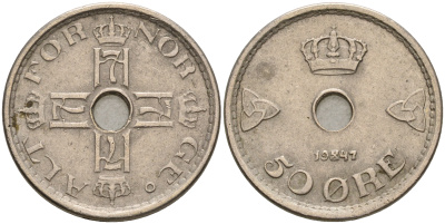 Норвегия 50 эре 1947 Хокон VII (1905-1957) KM 386 медно-никель 4606-711