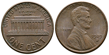 США 1 цент 1989 D, Линкольн KM 201b цинк плакированный медью    4608-423