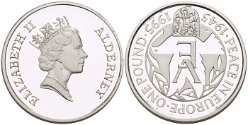 Олдерни 1 фунт 1995 50 лет мира в Европе, вес 9,5 гр., тираж 20000 экз., диаметр 22,5 мм. KM 12 серебро  PROOF  413-1841