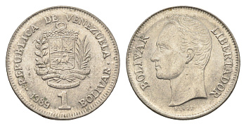 Венесуэла 1 боливар 1989 Симон Боливар, тонкий шрифт Y 52a.1 сталь плакированная никелем 4662-843