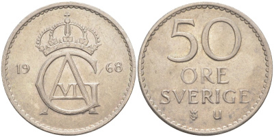 Швеция 50 эре 1968 U, Густав VI Адольф(1950-1973) KM 837 медно-никель 219-937