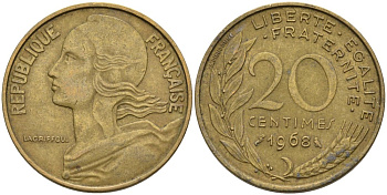 ФРАНЦИЯ 20 САНТИМОВ 1968 ТИП MARIANNE KM 930, LE FRANC 156.8 медь алюминий никель 4573-1041