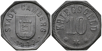 ГЕРМАНИЯ ГЕССЕН-НАССАУ КАМБЕРГ 10 ПФЕННИГОВ 1917 КРИГСГЕЛЬД цинк 75-1637