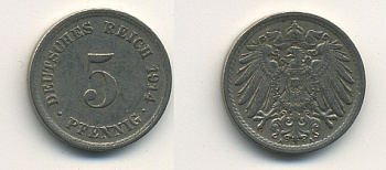 ГЕРМАНИЯ 5 ПФЕННИГОВ 1914 A, KM 11, J. 12 медно-никель 54-661