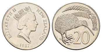 Новая Зеландия 20 центов 1987 Елизавета II (1952-2022), птичка киви KM 62 медно-никель UNC 4671-535