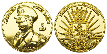 Молоссия (США) 100 волора 2018 серия президенты Молоссии - Президент Кевин Бо, выпуск одобрен Кевином Бо, Дизайн правительства — Массимо Пасторелли, Монетный двор: Монета MP, Каракас — Венесуэла цинк плакированный золотом BU 1520-642