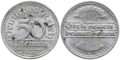 ГЕРМАНИЯ 50 ПФЕННИГОВ 1920 A KM 27, J. 301 алюминий 24-951