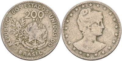 Бразилия 200 рейс 1901 голова свободы вправо KM 504 медно-никель 4589-1047