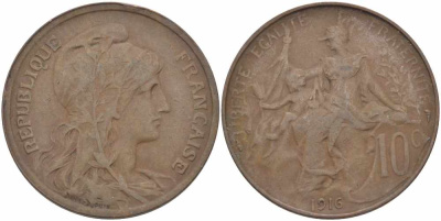 ФРАНЦИЯ 10 САНТИМОВ 1916 ТИП ДАНИЭЛЬ ДЮПЮИ KM 843, LA FRANC 136.27 бронза 109-415