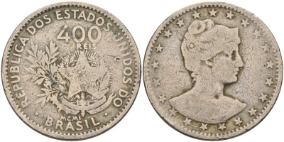 Бразилия 400 рейс 1901 голова свободы вправо KM 505 медно-никель 4367-143