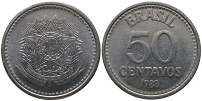 Бразилия 50 сентаво 1988 KM 604, Schon 113 нержавеющая сталь 4523-152