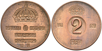 Швеция 2 эре 1967 U, Густав VI Адольф (1950-1973) KM 821 бронза 4567-362