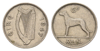 Ирландия 6 пенсов 1947 собака, ирландский волкодав KM 13a медно-никель 4690-327