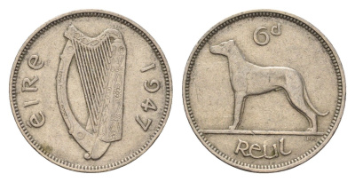 Ирландия 6 пенсов 1947 собака, ирландский волкодав KM 13a медно-никель 4690-327