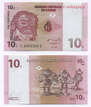 ДР Конго 10 сантимов 1997 маска пенде, танцоры пенде Pick 82 a бумага UNC (пресс) 448-4-1