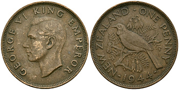 Новая Зеландия 1 пенни 1944 птица туи, король Георг VI (1937 - 1952) KM 13 бронза 4165-1235