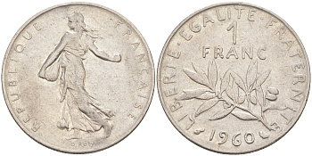 Франция 1 франк 1960 сеятель KM 925.1, Le Franc 226.4 никель 4513-712
