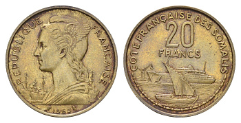 Французское Сомали 20 франков 1965 год-тип KM 12 медь алюминий 4670-1251