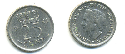 НИДЕРЛАНДЫ 25 ЦЕНТОВ 1948 ВИЛЬГЕЛЬМИНА KM 178 никель 83-1015