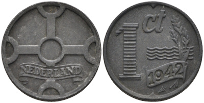 Нидерланды 1 цент 1942 Вильгельмина (1890-1948) KM 170 цинк    4169-162