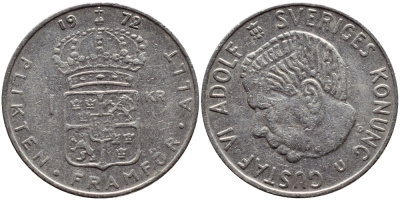 Швеция 1 крона 1972 Густав VI Адольф (1950-1973) KM 826a медь плакированная медно-никелем 4395-121