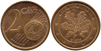 ГЕРМАНИЯ 2 ЕВРОЦЕНТА 2002 D KM 208 сталь плакированная медью 4387-1227