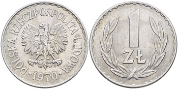 ПОЛЬША 1 ЗЛОТЫЙ 1970 MW KM 49.1, Parchimowicz 213g алюминий 216-817