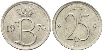 БЕЛЬГИЯ 25 САНТИМОВ 1974 BELGIE, БОДУЭН I (1951-1993) KM 154.1 медно-никель 116-959